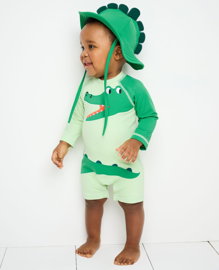 Baby Print Rash Guard Swimsuit & Sunblock Hat Set