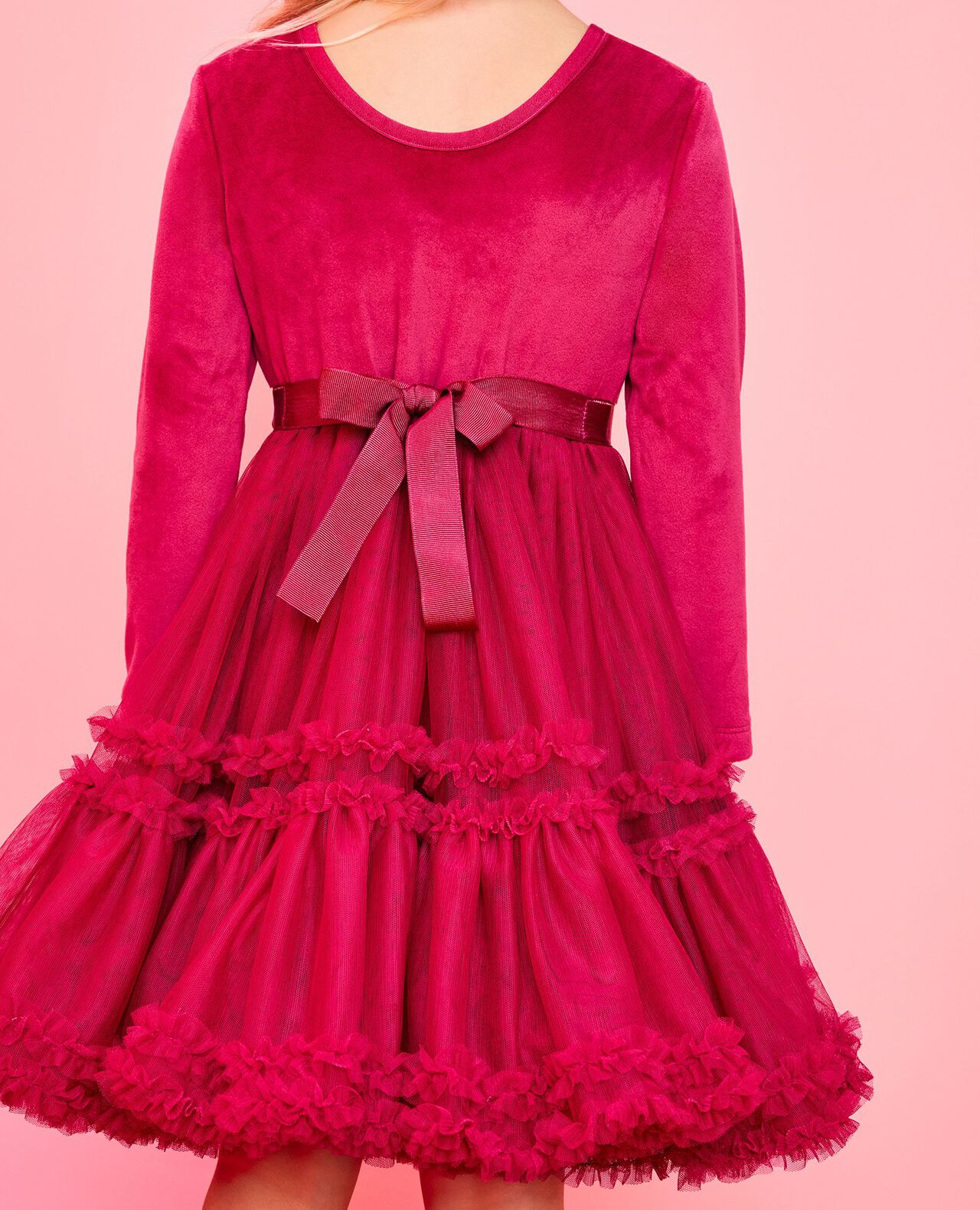 Long Sleeve Velour Tulle Tiered Dress in Raspberry - main