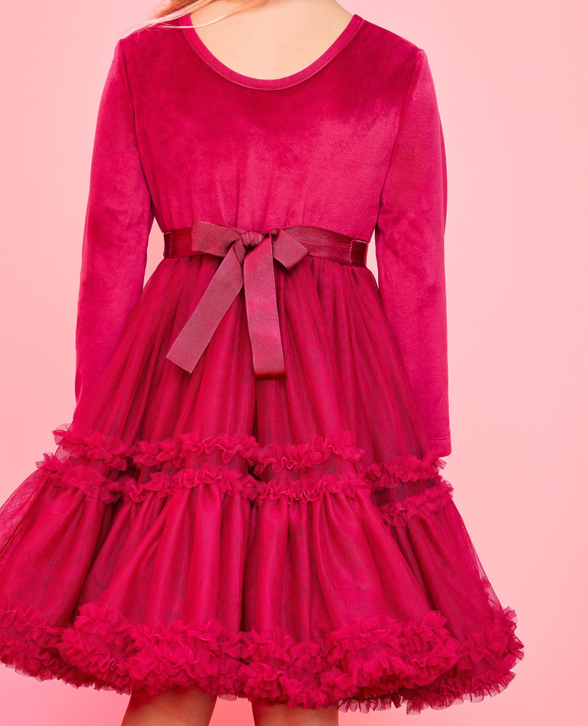 Long Sleeve Velour Tulle Tiered Dress in Raspberry - main