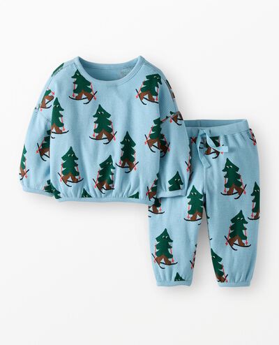 Baby Holiday Long Sleeve Waffle Top & Pants Set in Mr Ski Tree on Robin Egg Blue - main
