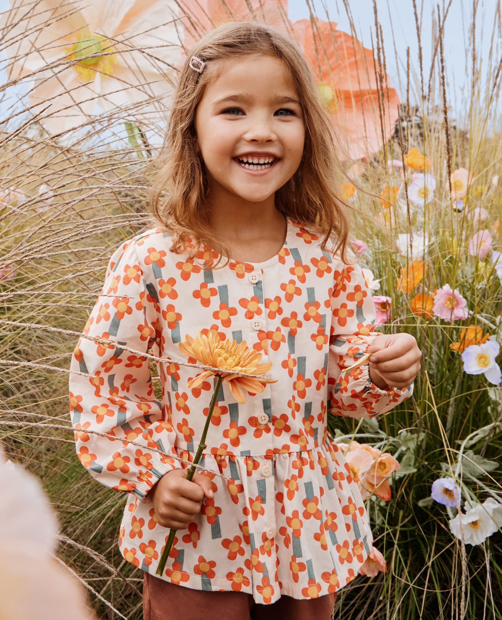 Long Sleeve Poplin Peplum Shirt in A Field of Flowers on Ecru - main