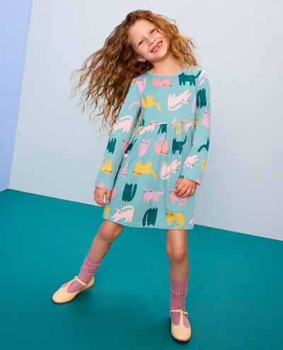 Long Sleeve Playground Dress with Pockets in Playful Cats on Cameo Blue - main