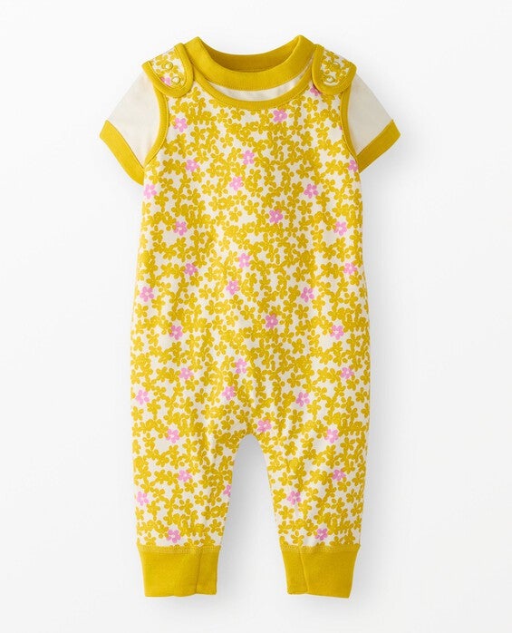 Girls' Mini Yellow Flowers On Ecru T-Shirt & Overalls Set in T-Shirt & Overalls Are 100% Combed Cotton - Size Baby 6-12 mos by Hanna Andersson
