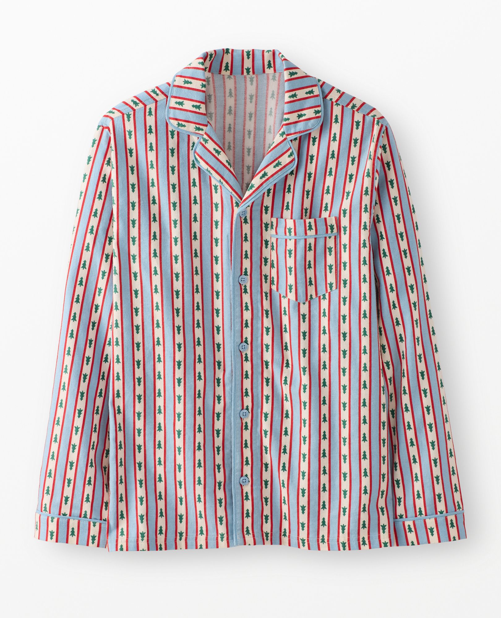 Adult Holiday Flannel Pajama Top in Tree Ribbons on Blue - main