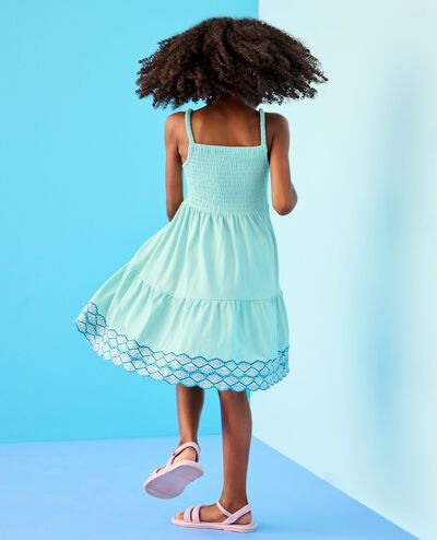 Sleeveless Smocked Tiered Dress in Seashells on Feather Blue - main