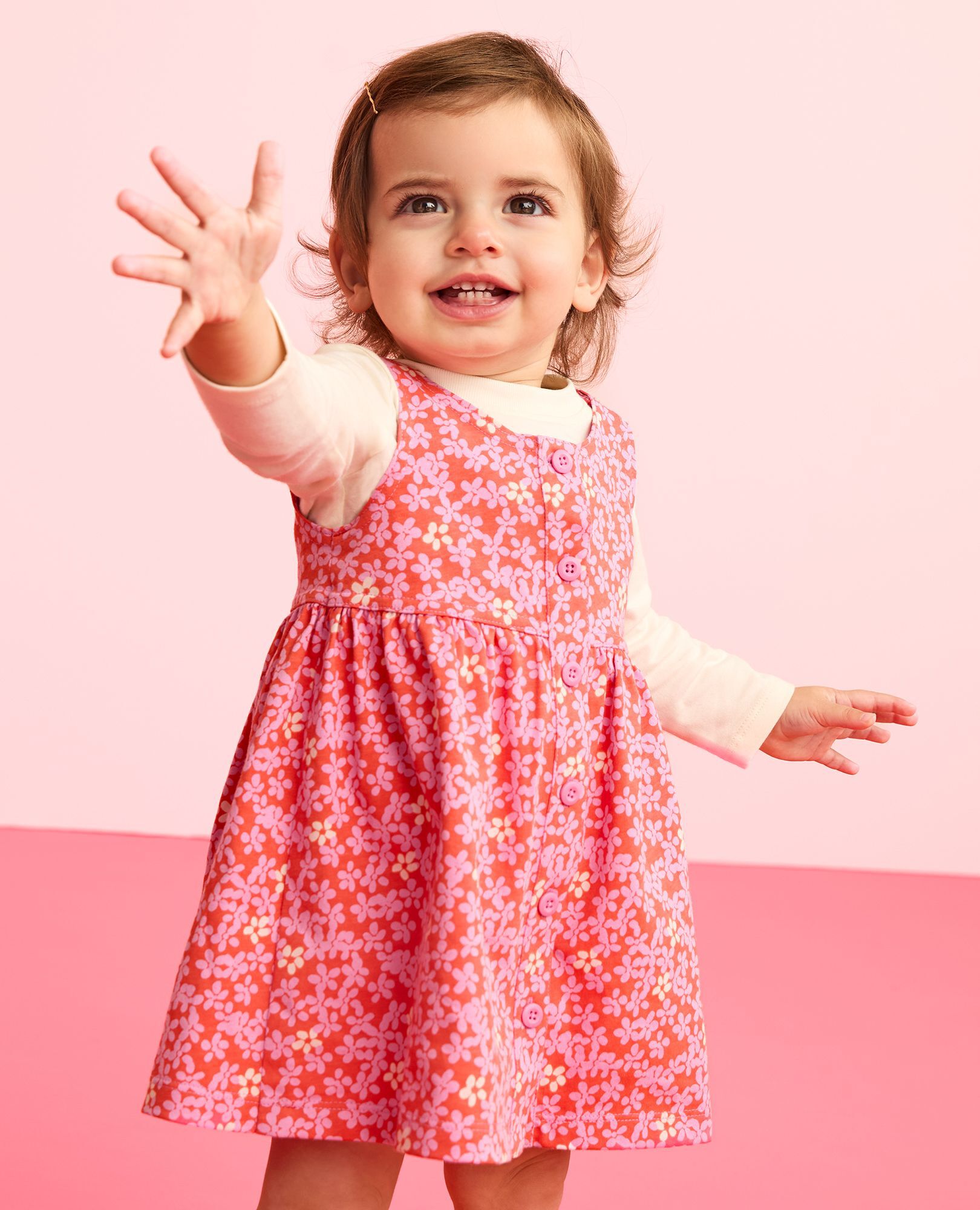 Baby Long Sleeve T-Shirt & Jumper Dress Set in Pink Flowers on Pink - main