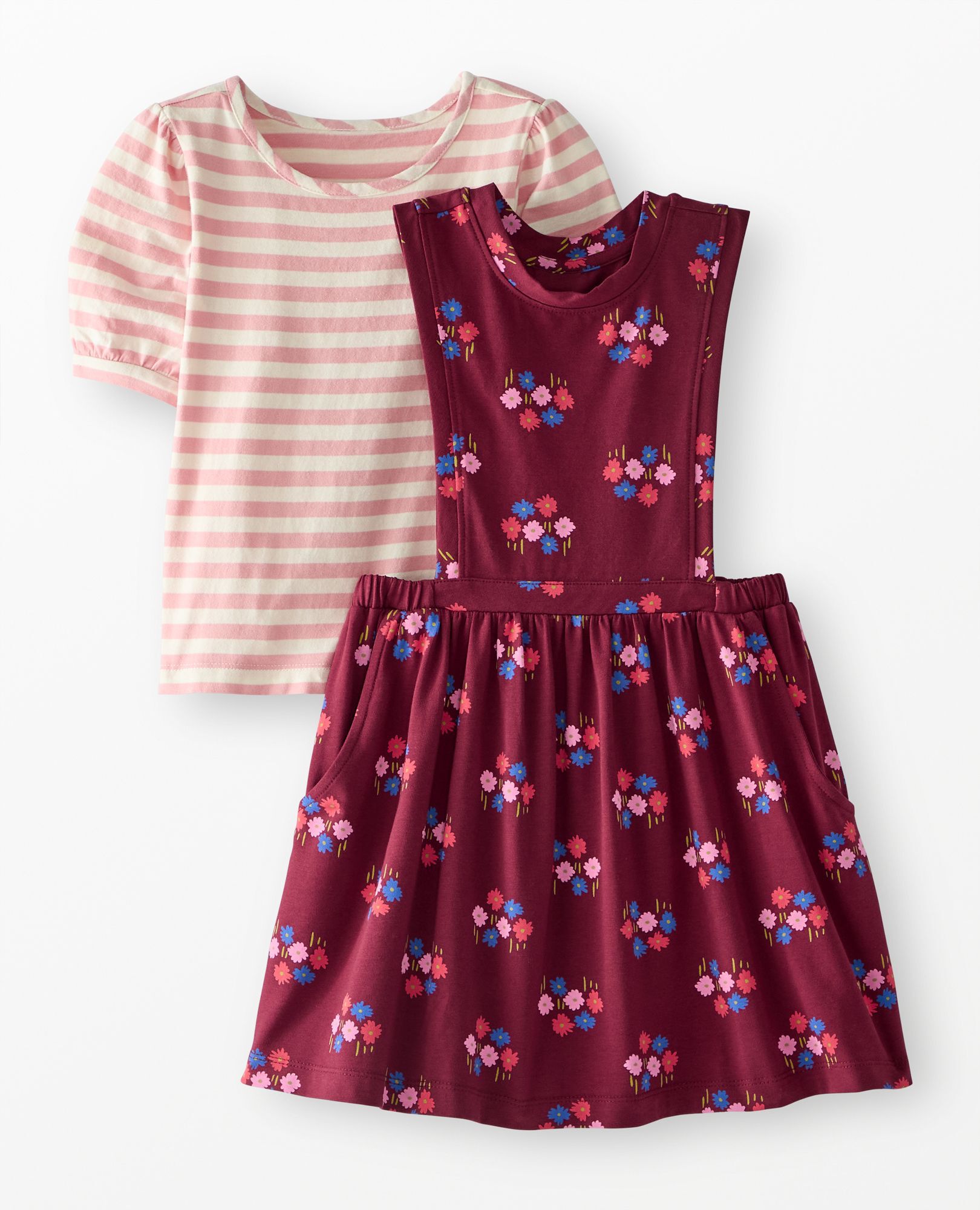 Balloon Sleeve T-Shirt & Pinafore Dress Set in Flowers on Cherry Lacquer - main