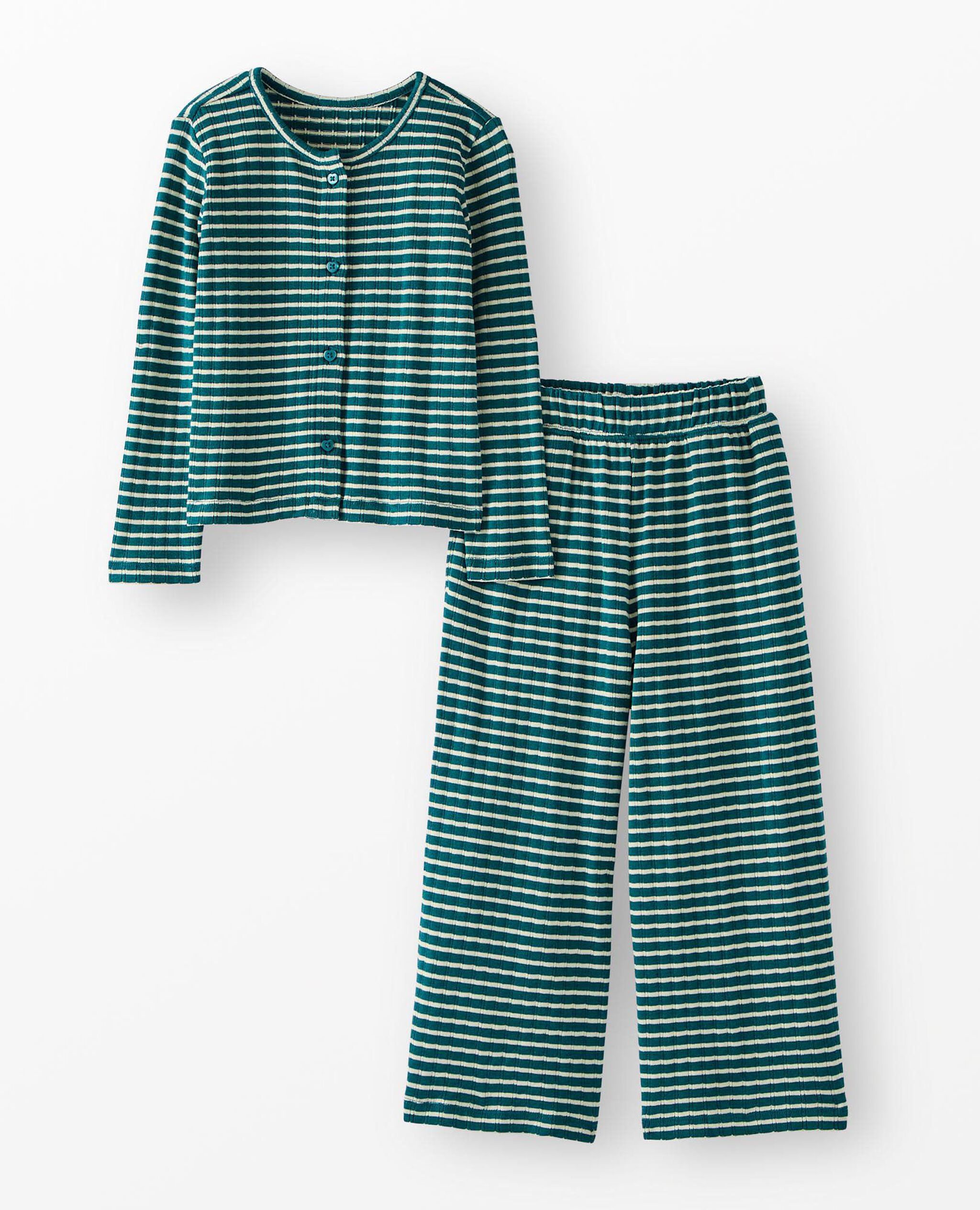 Heart Button Pointelle Cardigan & Wide Leg Pants Set in Everglade/Ecru - main