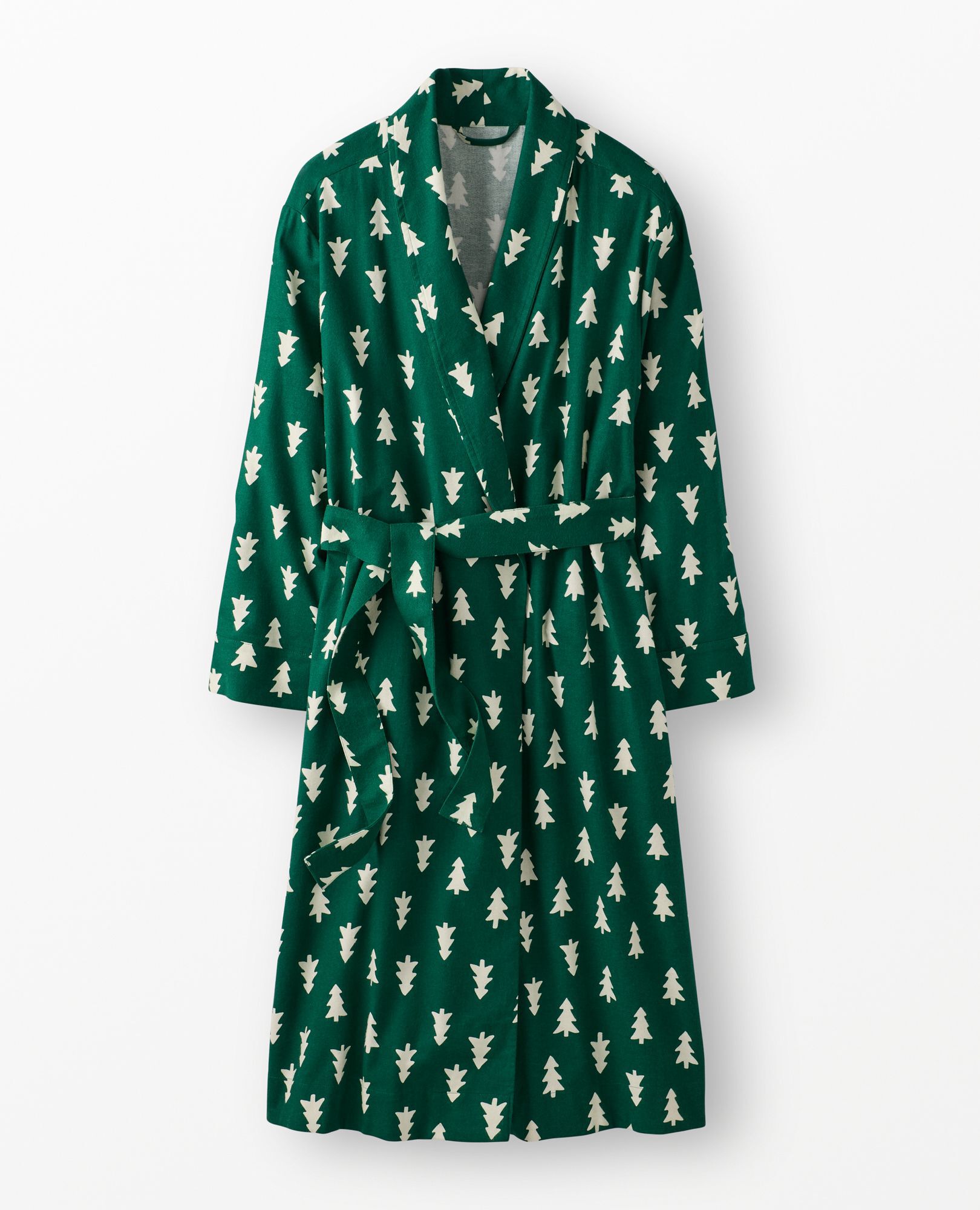 Adult Holiday Flannel Robe in Happy Trees on Green - main