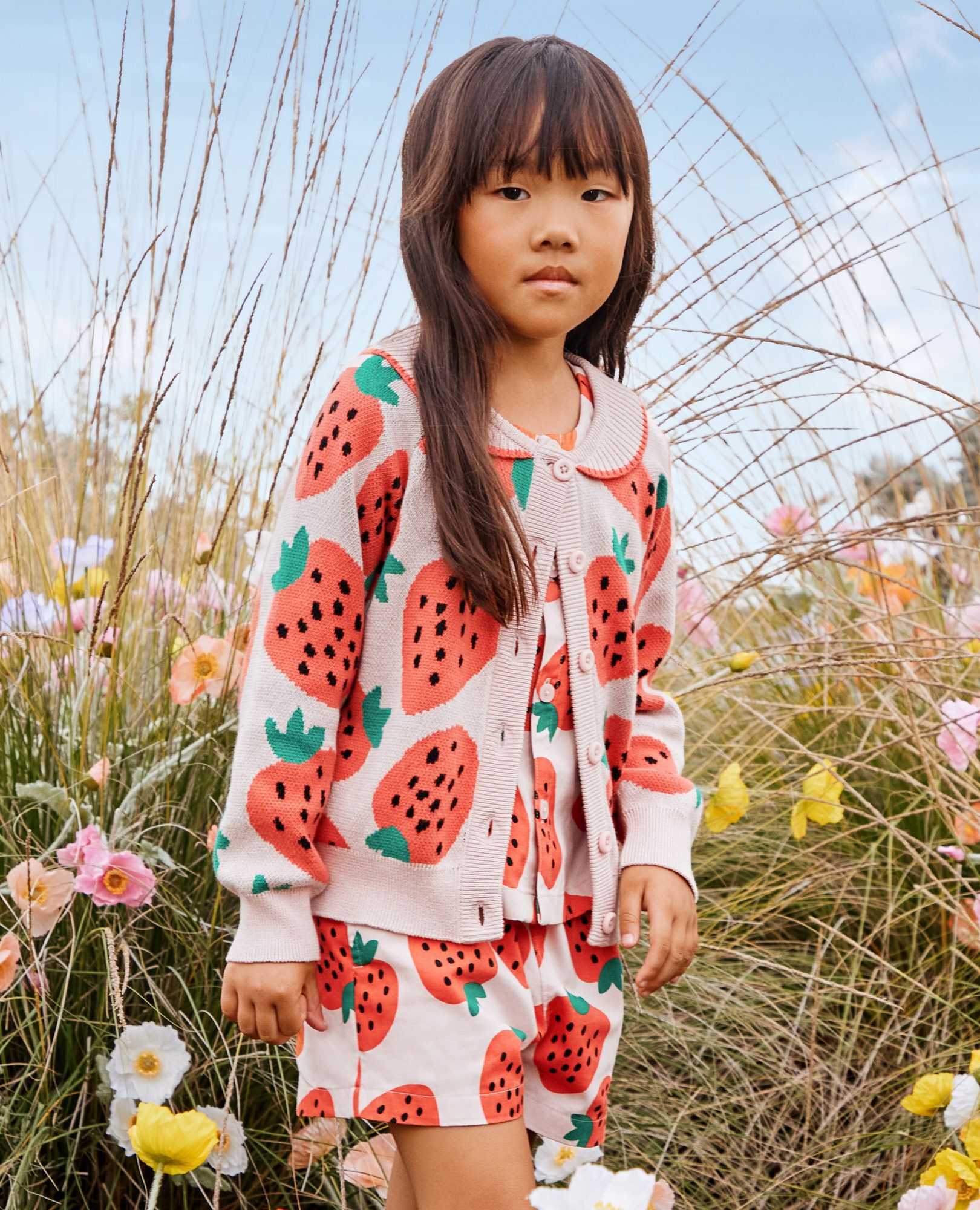 Jacquard Cardigan Sweater in Strawberry Sweetness on Light Pink - main