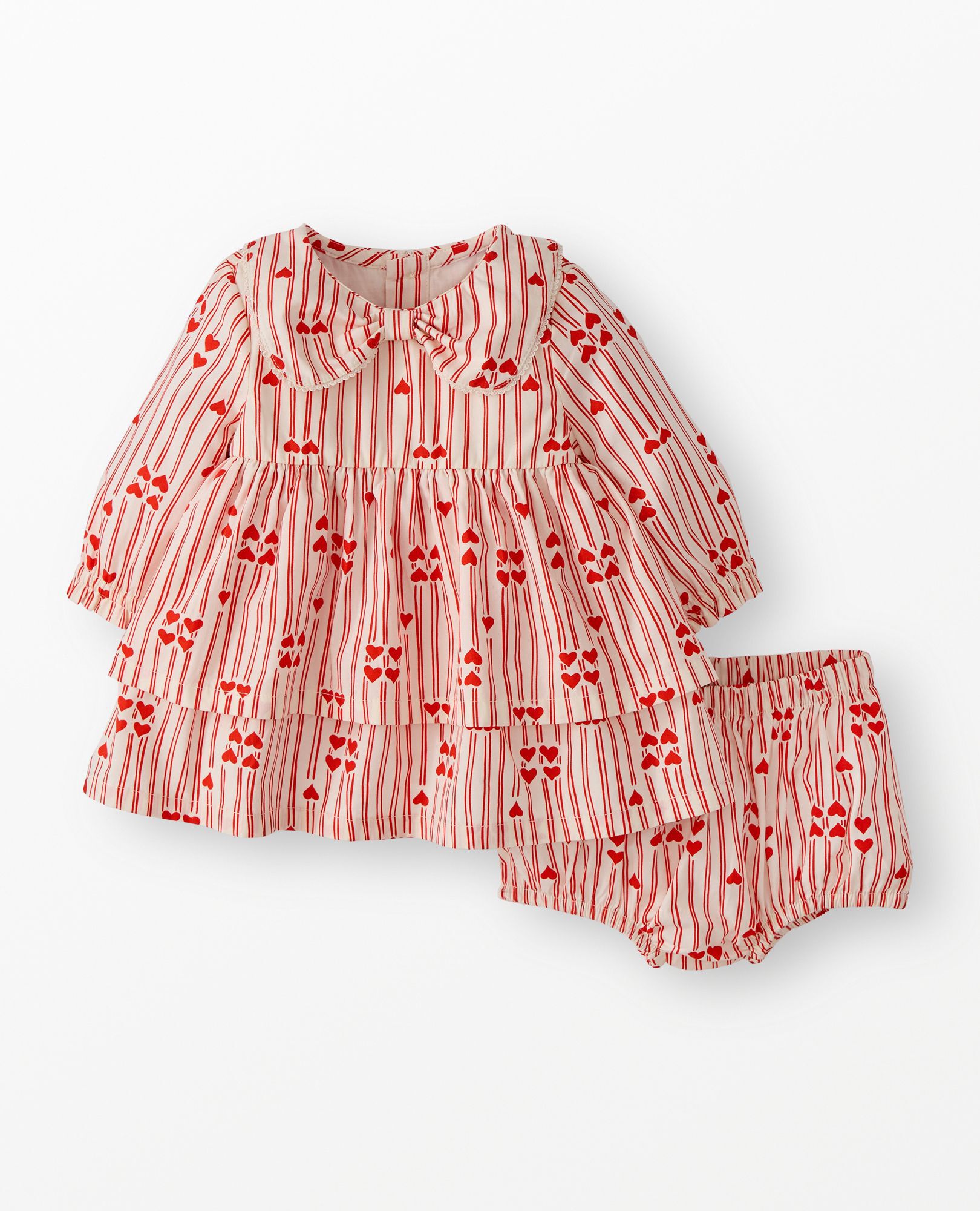 Baby Long Sleeve Poplin Bow Collar Dress & Bloomers Set in Red Stripes of Love - main