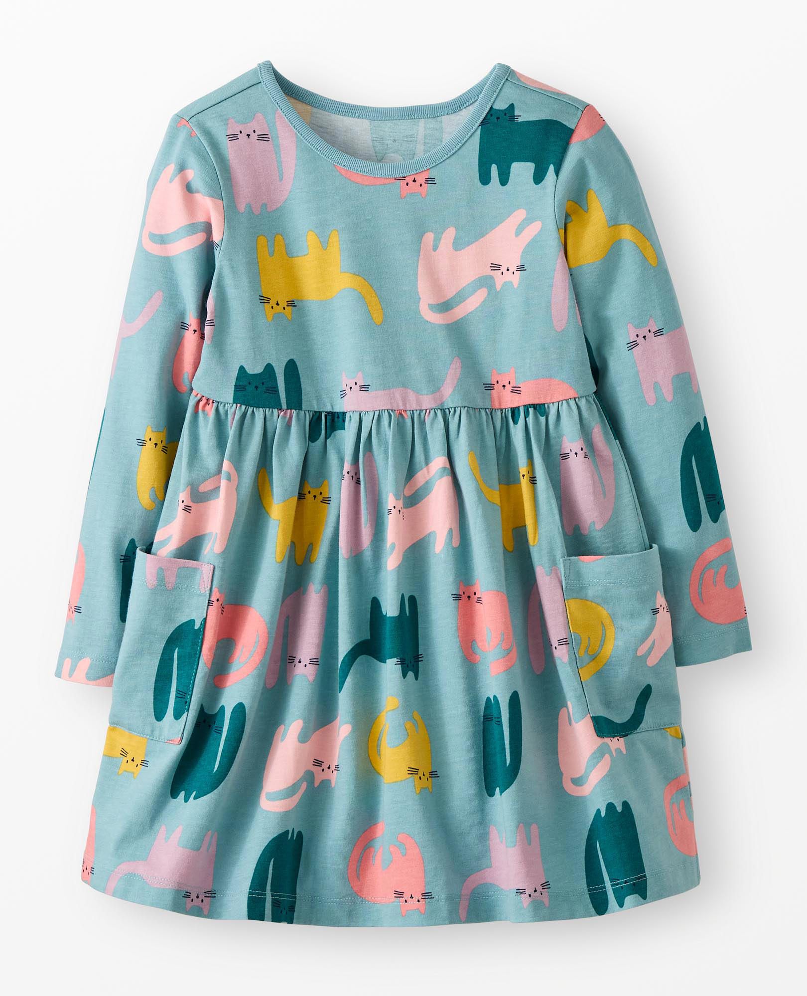 Long Sleeve Playground Dress with Pockets in Playful Cats on Cameo Blue - main