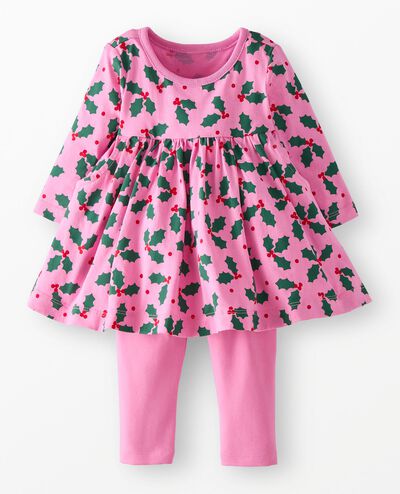 Baby Holiday Long Sleeve Everywhere Dress & Leggings Set in Holly Jolly on Fuchsia Pink - main