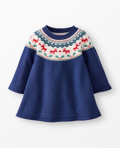 Baby Holiday Sweater Dress in Dear Deer on Navy - main