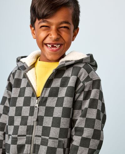 French Terry Faux Shearling Lined Hoodie in Black/Dark Grey Heather Checkerboard - main