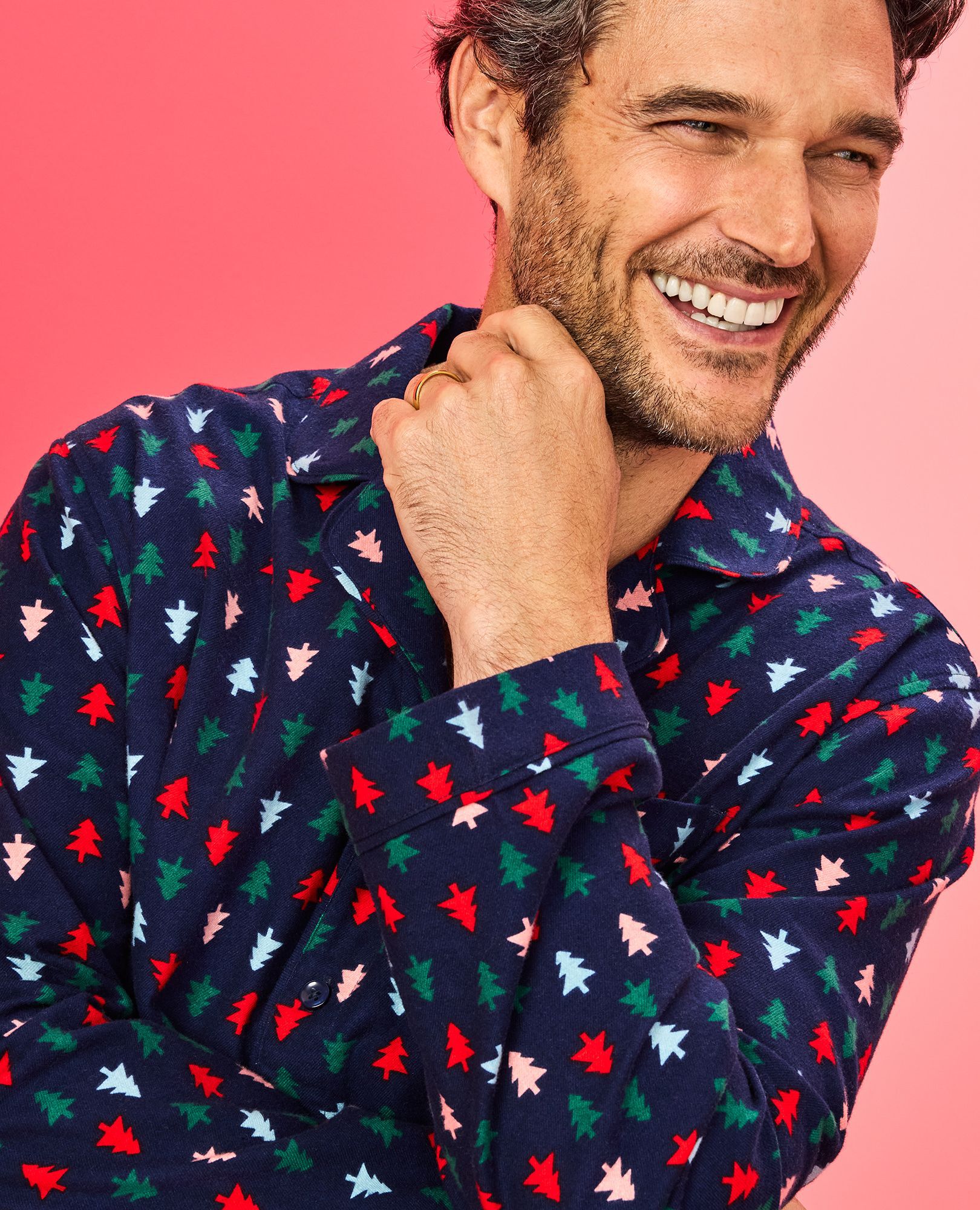 Adult Holiday Flannel Pajama Top in Multi Trees on Navy Blue - main