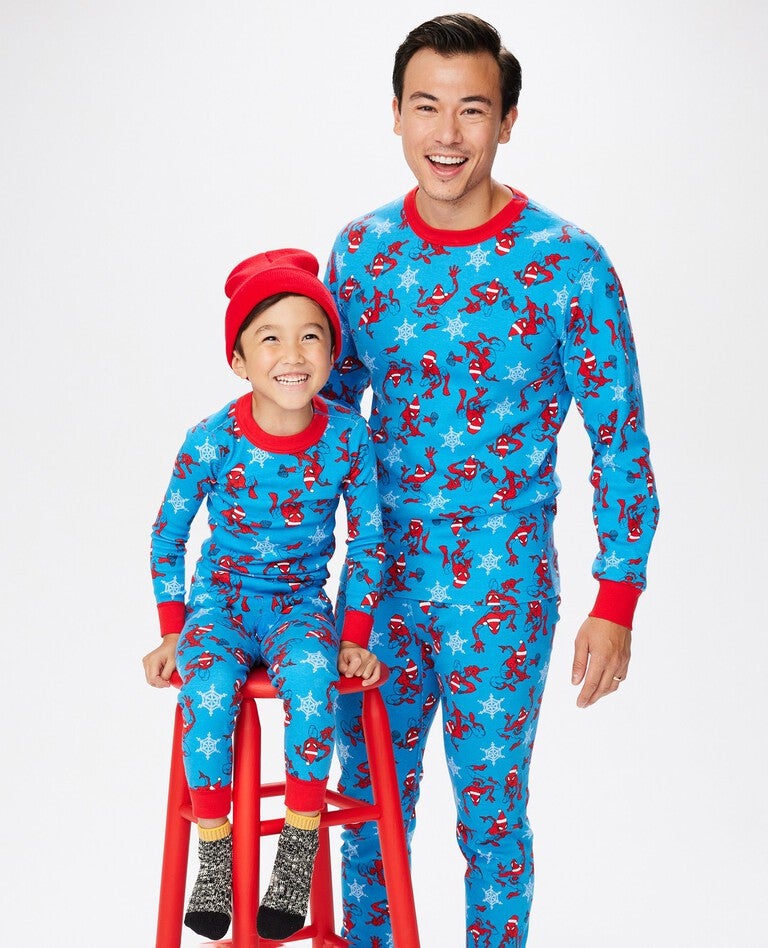 Marvel Spider-Man Adult Unisex Long John Pajama Top in Spider-Man Holiday on Blue - main
