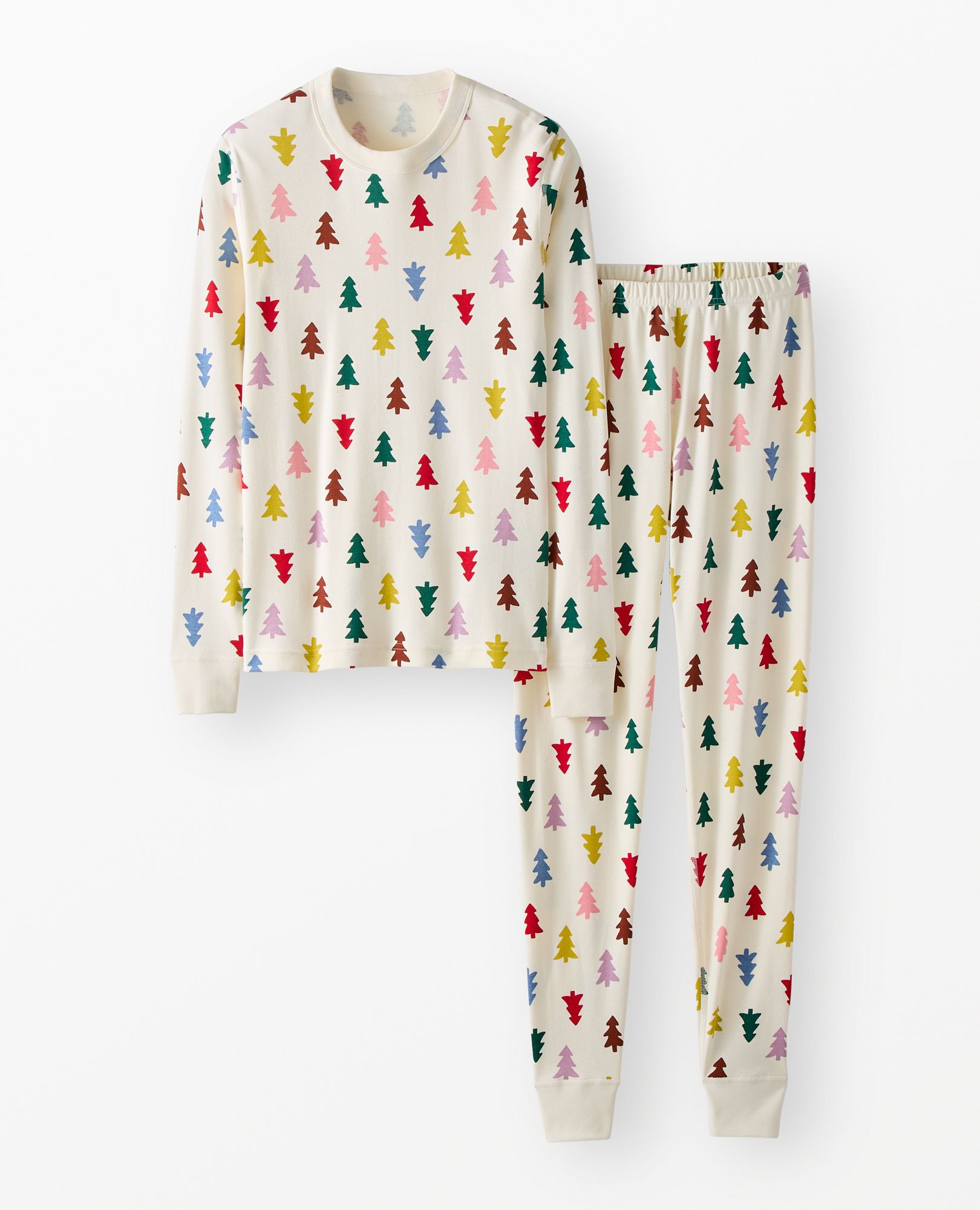 Adult Holiday Long John Pajama Set in Festive Forest on Ecru - main