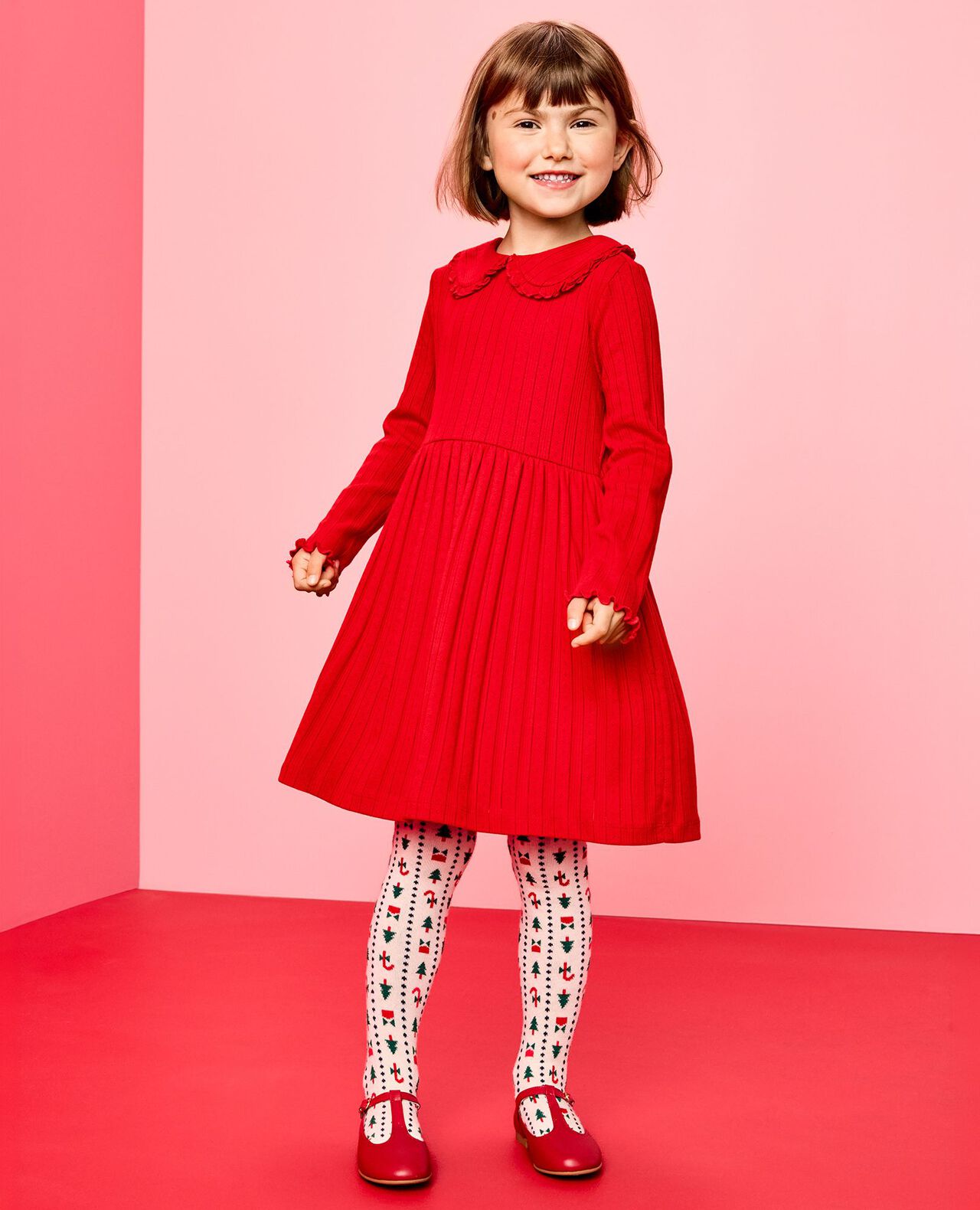 Long Sleeve Collared Pointelle Dress with Pockets in Ribbon Red - main