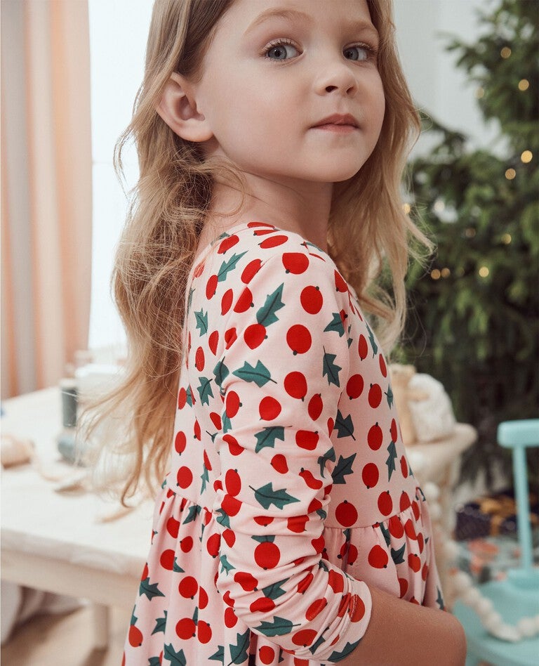 Holiday Long Sleeve Skater Dress with Pockets in Snowberries on Pink - main