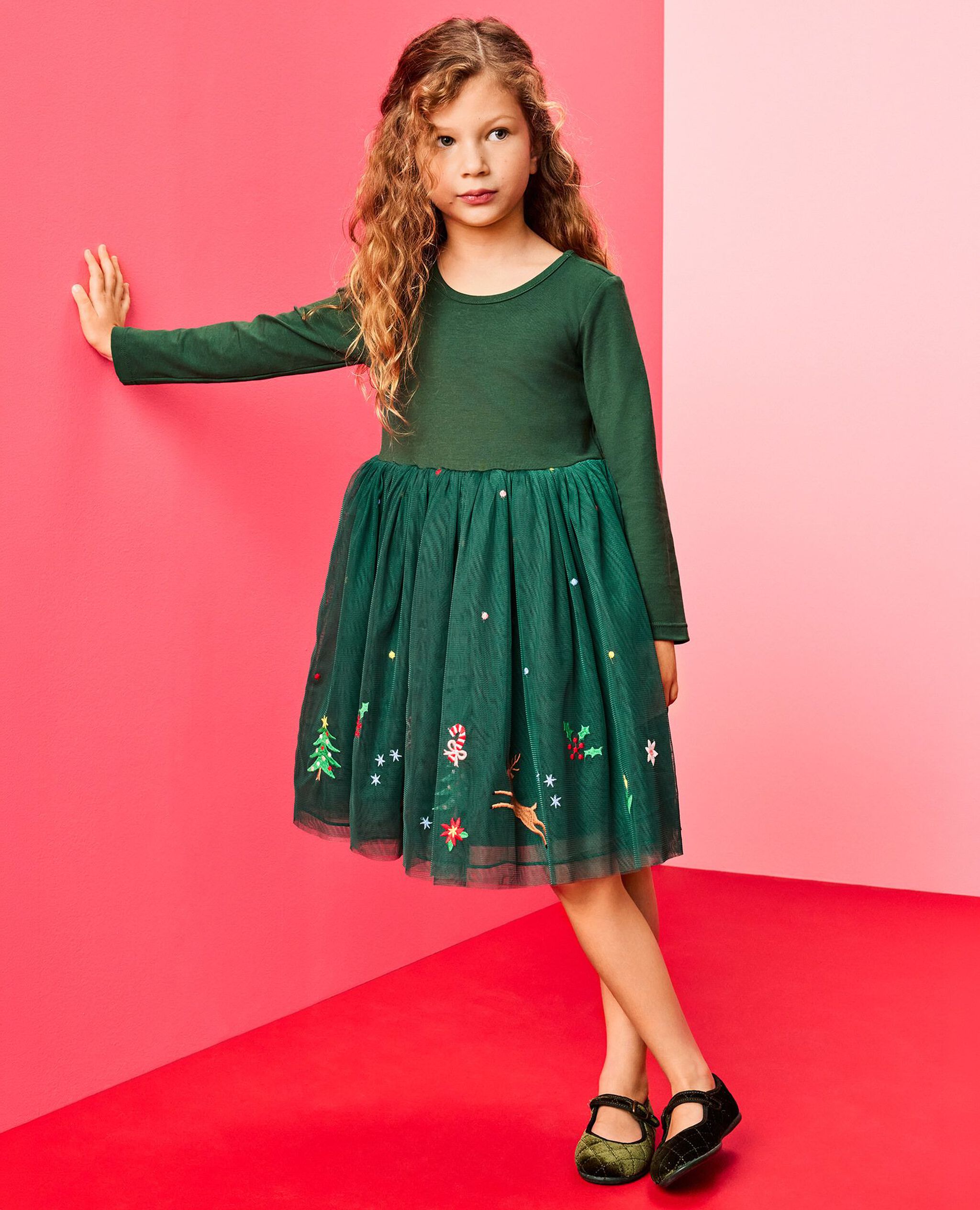 Long Sleeve Tulle Embroidered Dress in Reindeer on Malachite - main