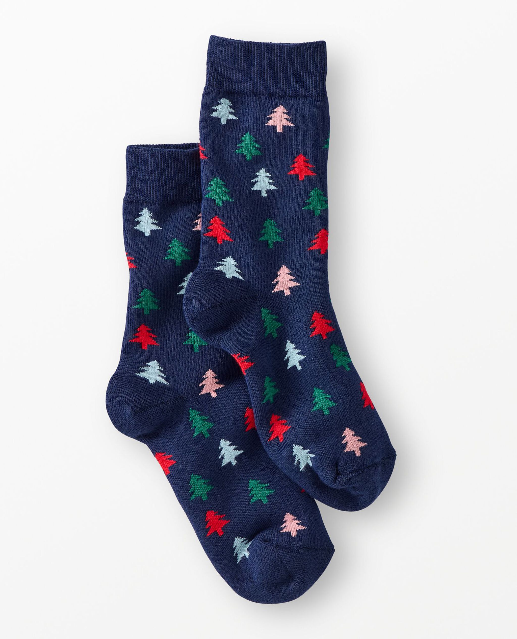 Adult Holiday Crew Socks in Multi Trees on Navy Blue - main