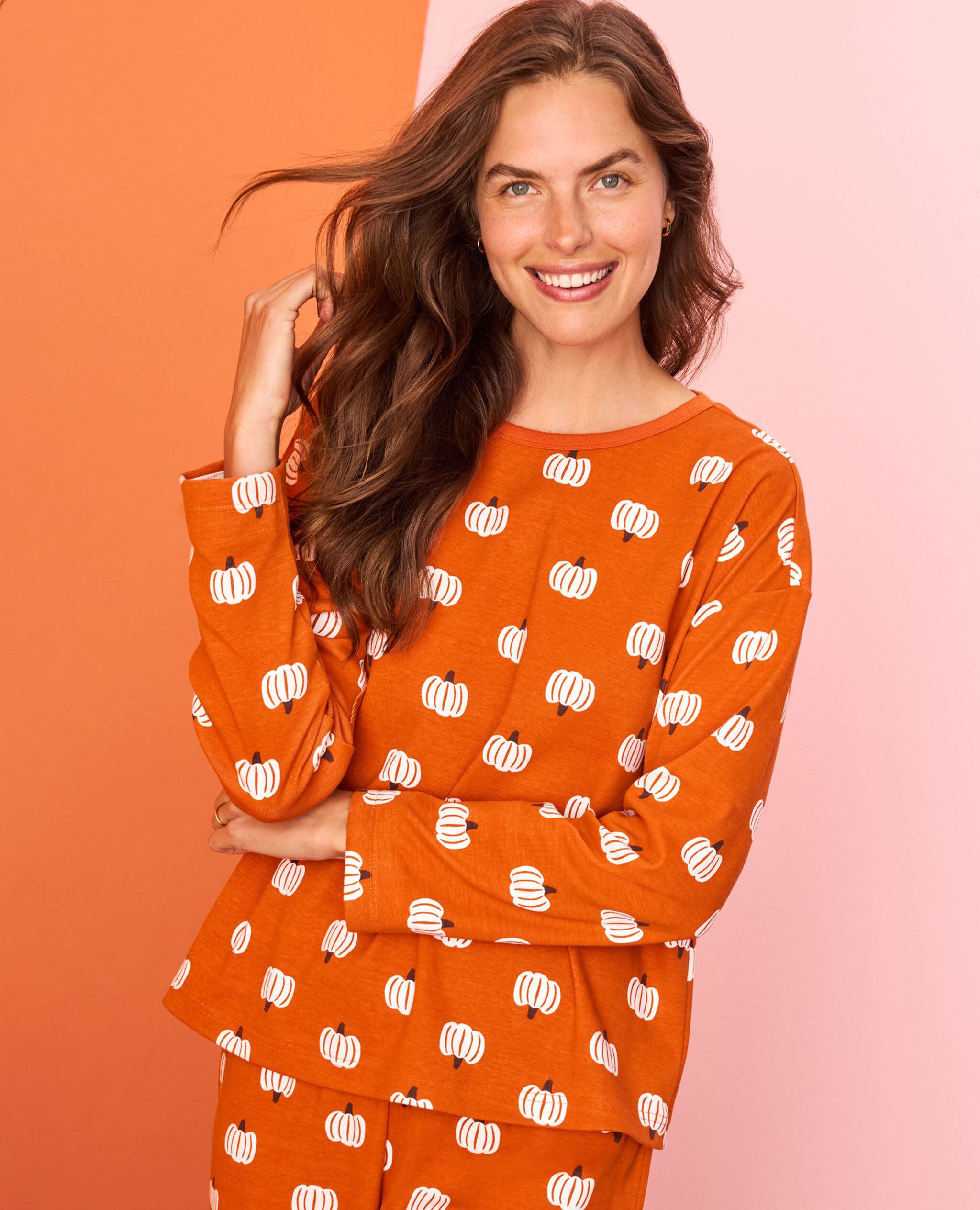Women's Halloween Wide Leg Pajama Set in Pumpkins on Orange - main