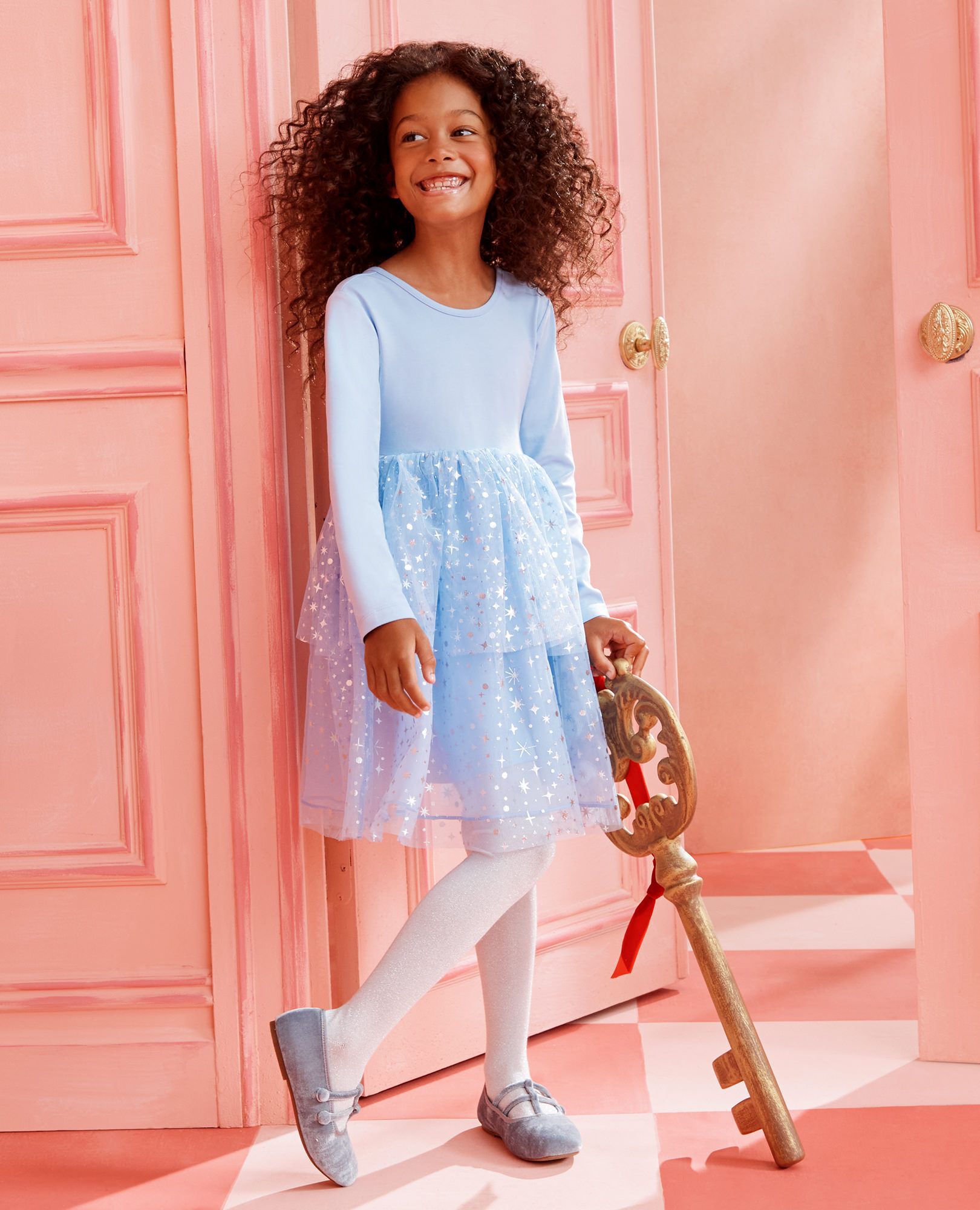 Long Sleeve Tulle Shimmer Dress in Powder Blue - main