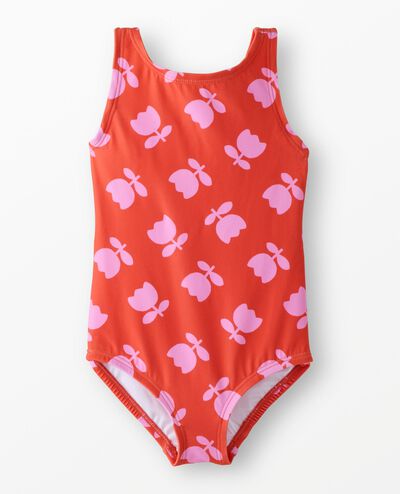 One-Piece Bow Back Swimsuit in Tossed Tulips on Red - main