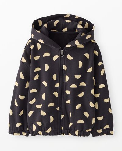 Oversized French Terry Zip Up Hoodie in Half Moons on Soft Black - main