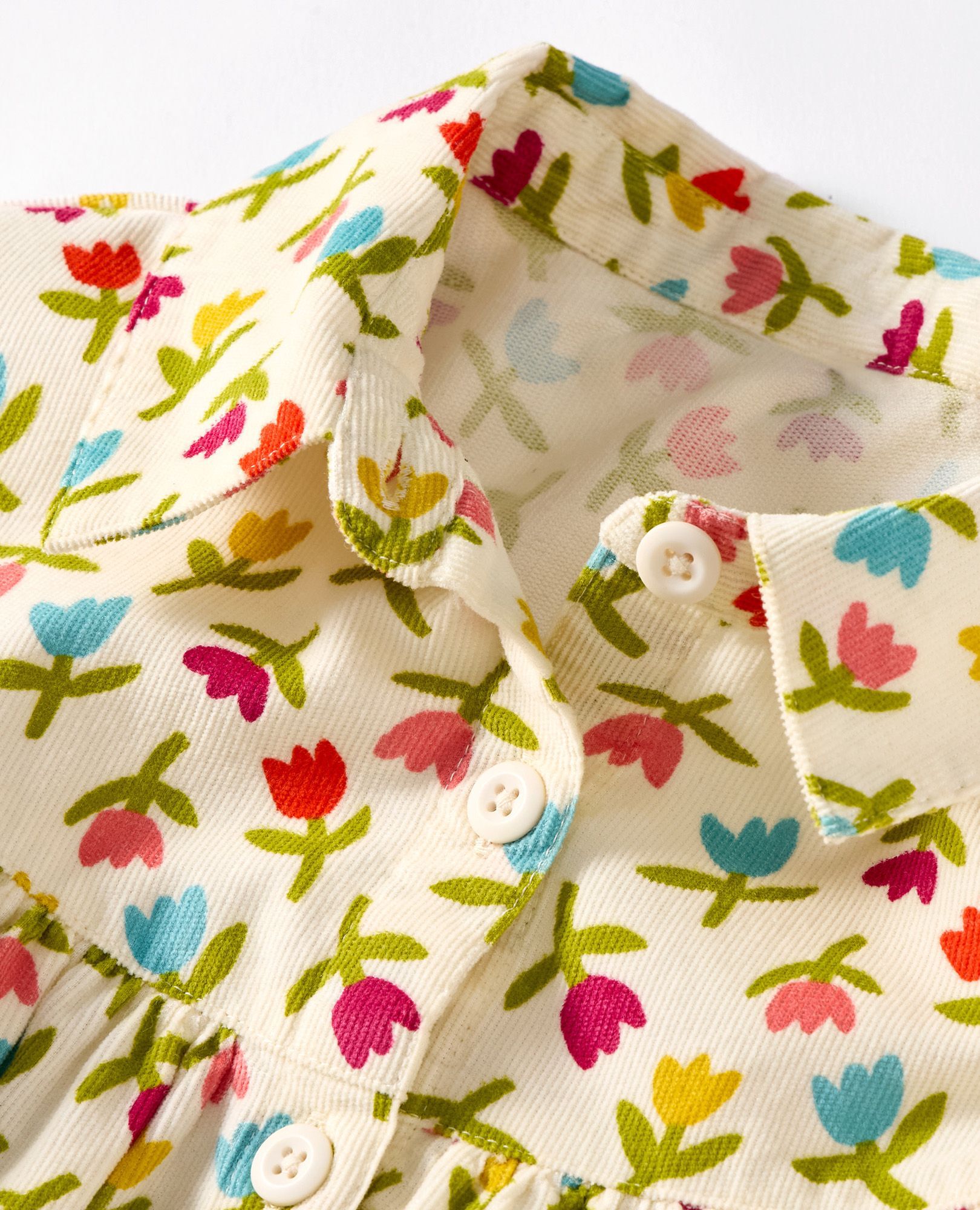 Corduroy Button-Front Dress with Pockets in Multicolor Tulips on Ecru - main