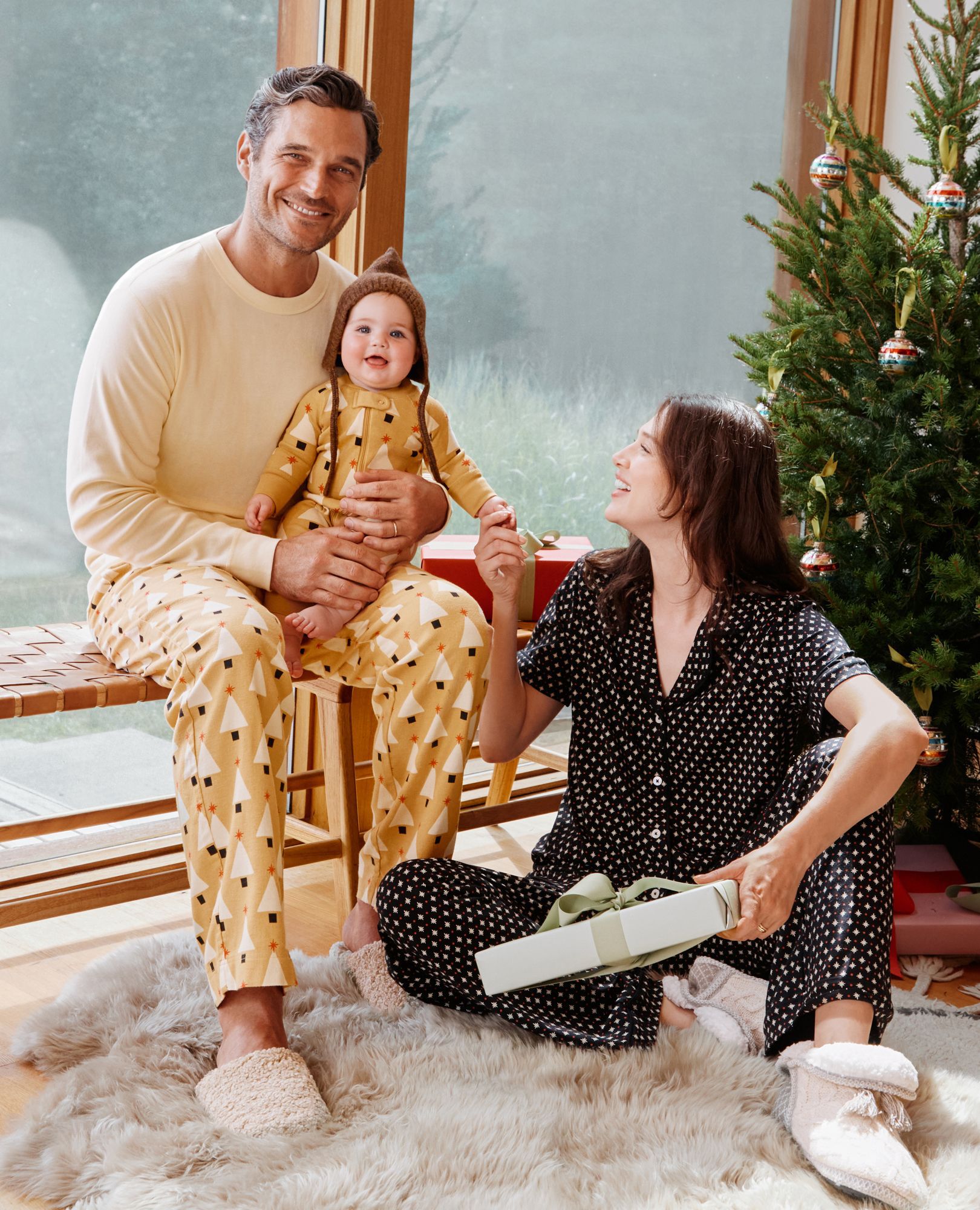 Adult Holiday Flannel Pajama Pants in Winter Trees on Camel - main