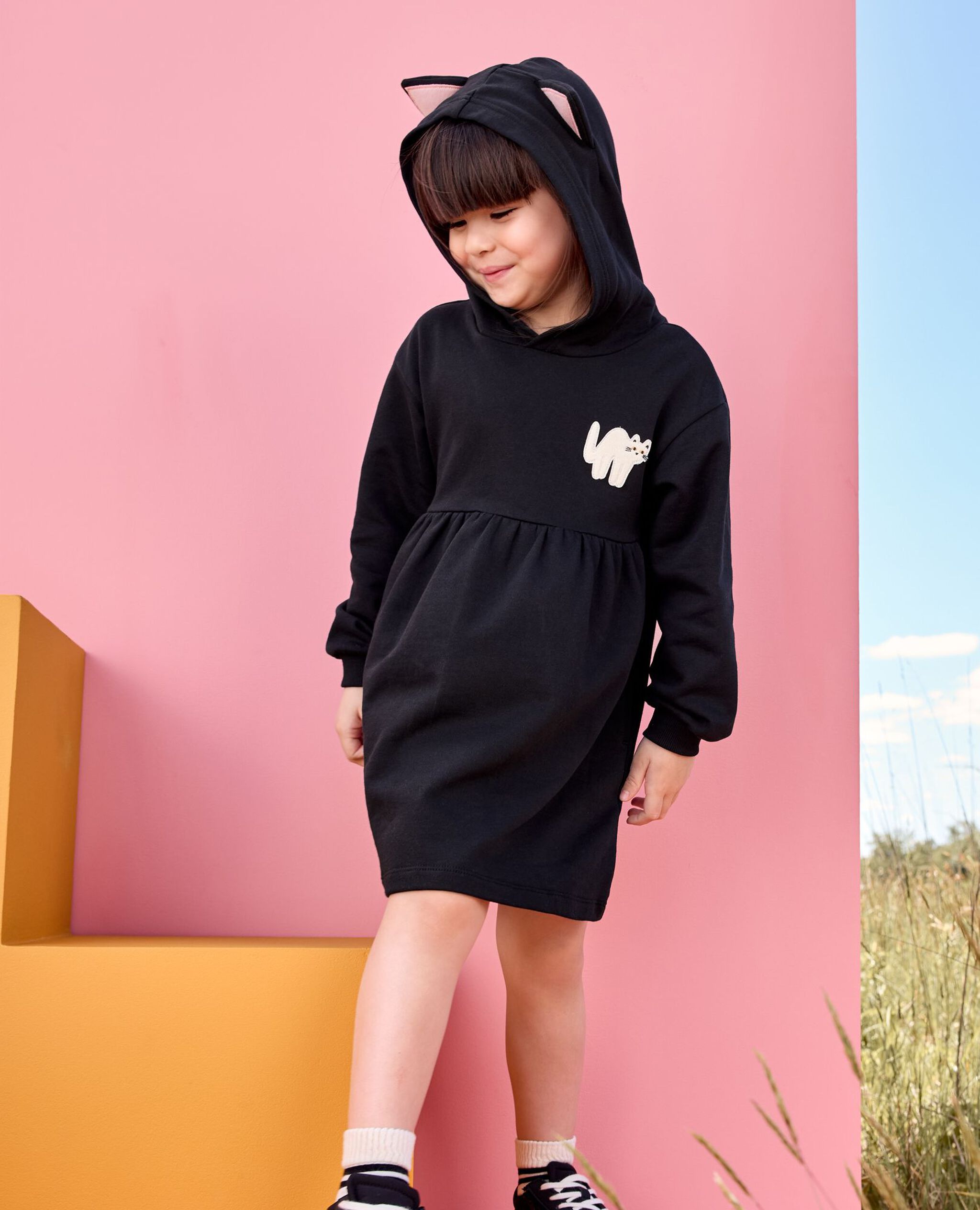 Halloween Long Sleeve French Terry Cat Dress in Halloween Cat - main