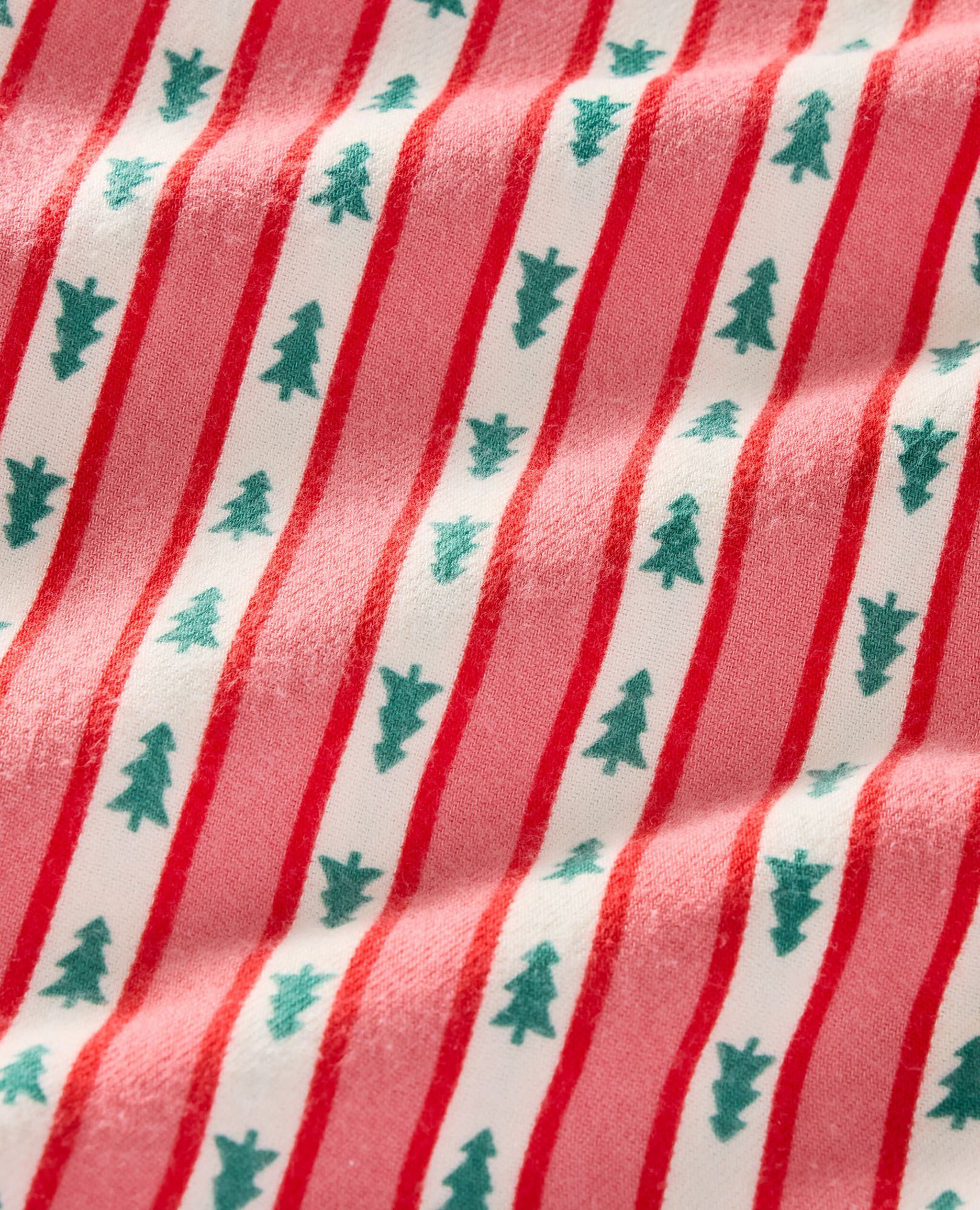 Holiday Flannel Ruffle Pajama Set in Tree Ribbons on Pink - main