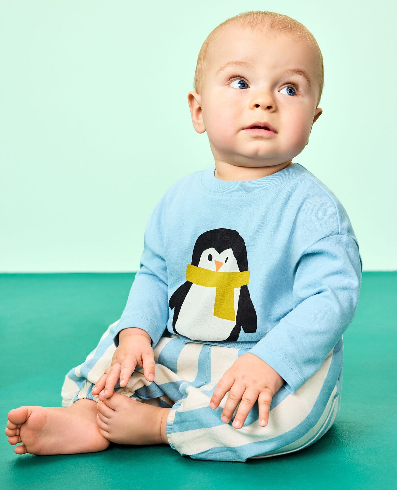 Baby Holiday Long Sleeve Graphic T-Shirt & Pants Set in Cute Penguin on Robin Egg Blue - main