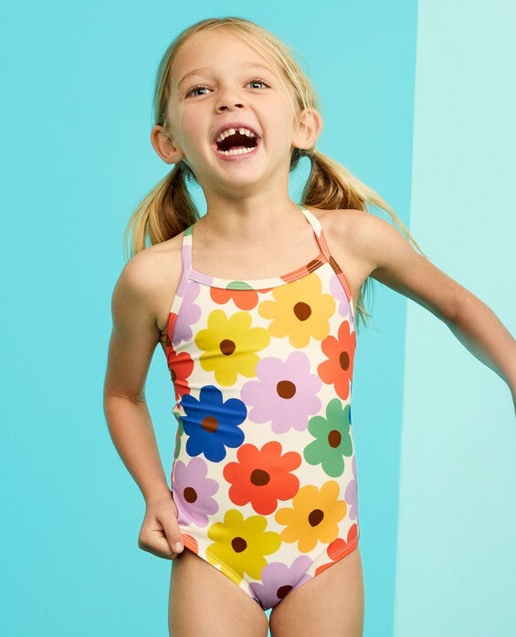 Girls' Multicolored Spring Daisies On Ecru One-Piece Swimsuit - Size Little Kids 4 by Hanna Andersson