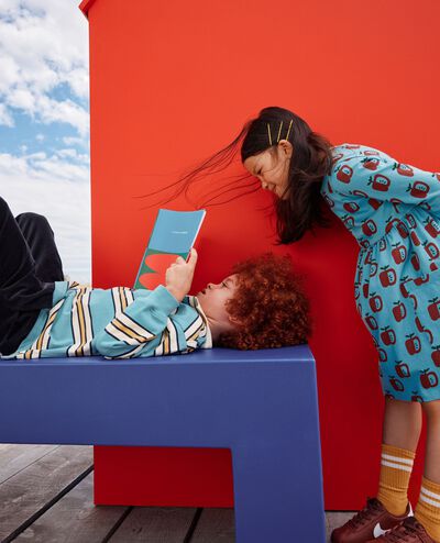 Long Sleeve Playground Dress with Pockets in Apples on Chalk Blue - main