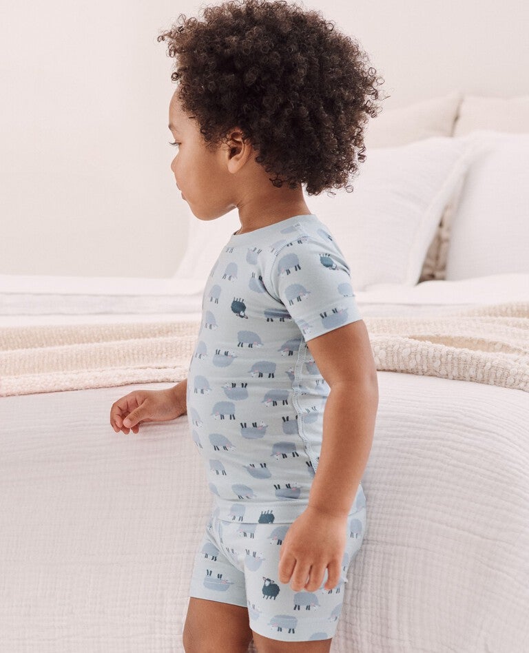 Kids Short John Pajama Set in HannaSoft™ in Mini Lamb on Celestial Blue - main