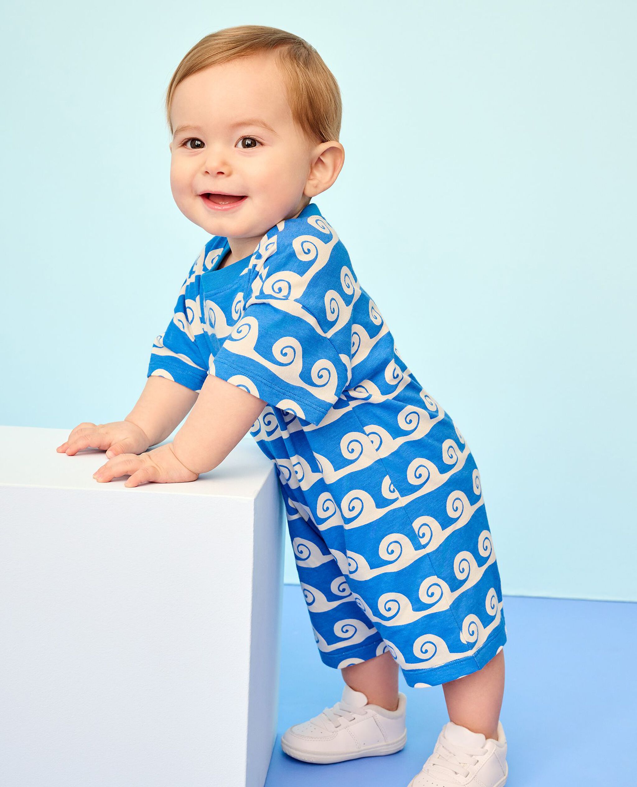 Baby Oversized Romper in Swirly Waves on Swedish Sky - main
