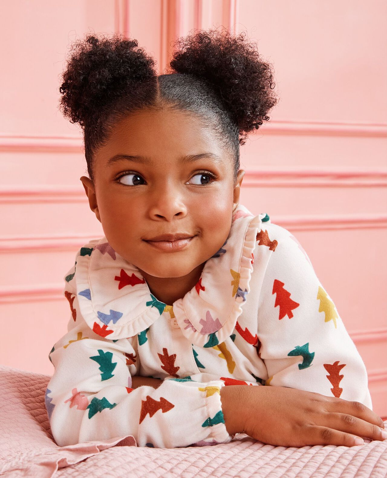 Holiday Flannel Ruffle Pajama Set in Festive Forest on Ecru - main
