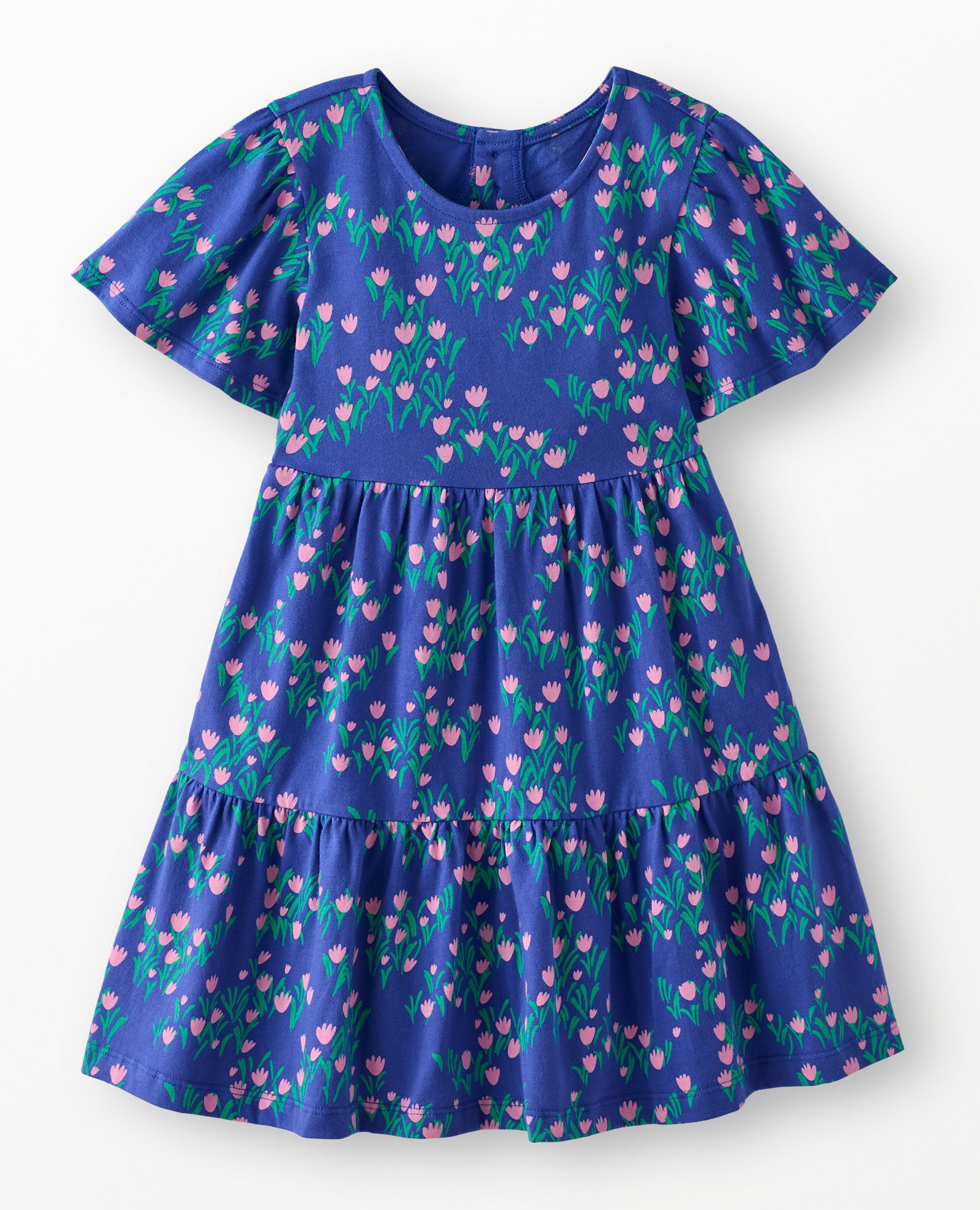 Flutter Sleeve Tiered Dress with Pockets in Wildflowers on Blue - main