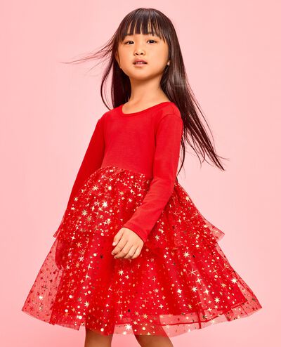 Long Sleeve Tulle Shimmer Dress in Ribbon Red - main