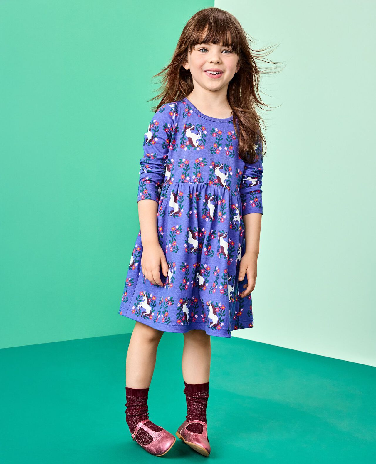 Long Sleeve Everywhere Dress with Pockets in Magical Unicorn on Violet Storm - main