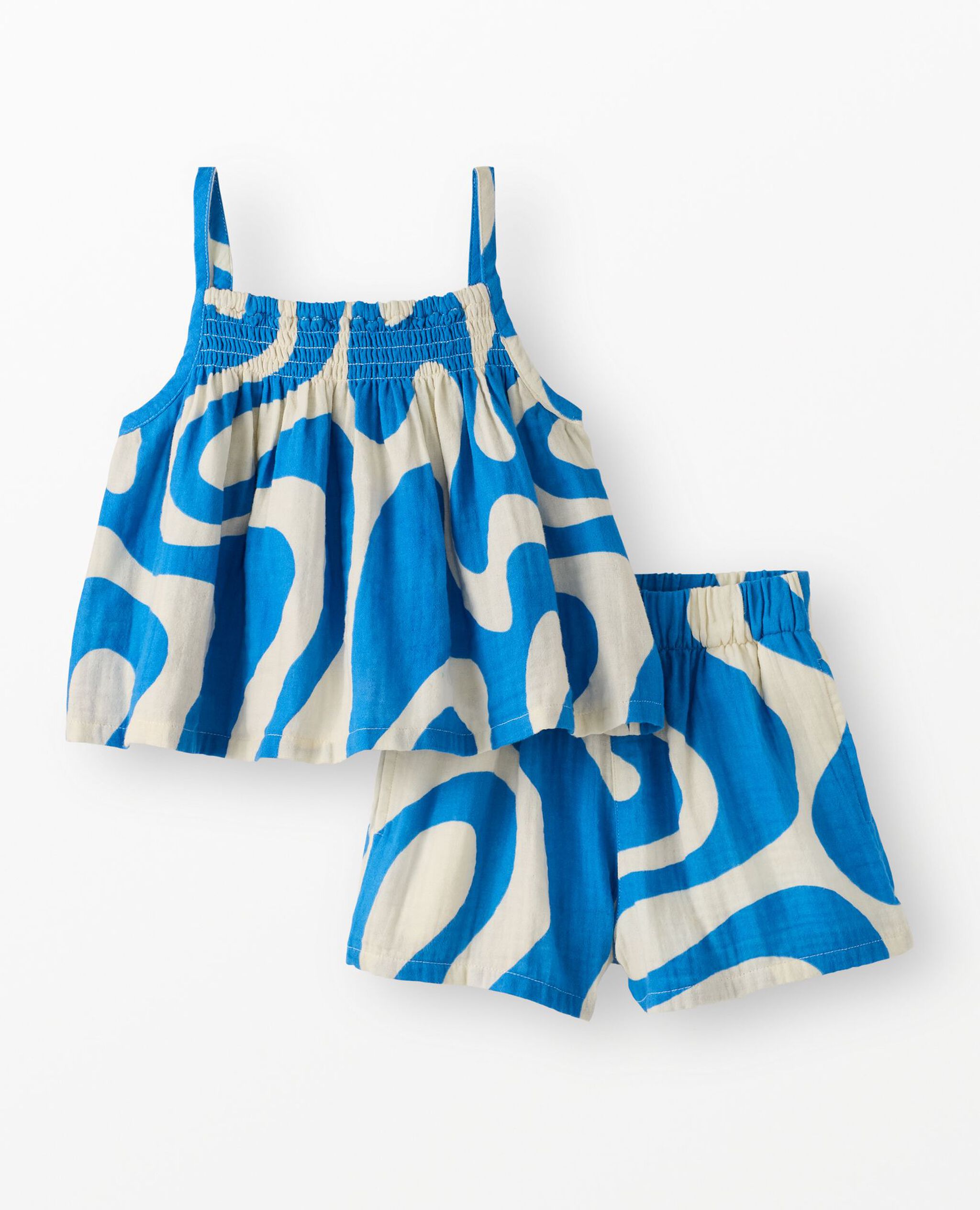 Sleeveless Muslin Smocked Top & Shorts Set in Swedish Sky/Ecru Swirl - main