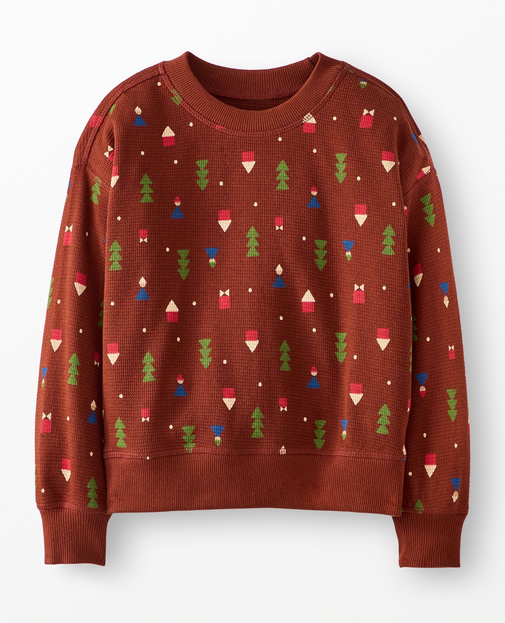 Holiday Waffle Crewneck in Forest Gnomes on Brown - main