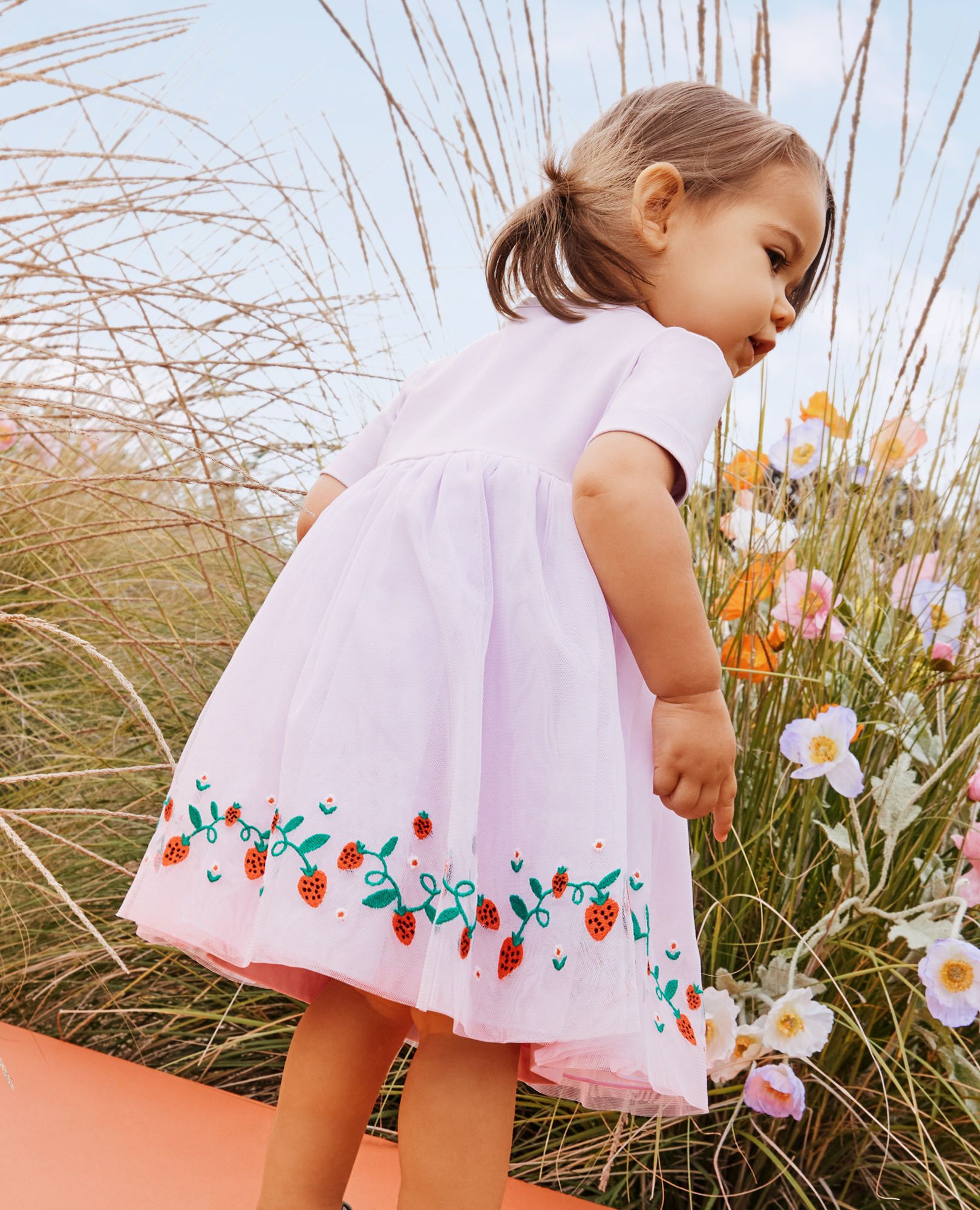 Baby Embroidered Tulle Skater Dress in Strawberries on Orchid Hush - main