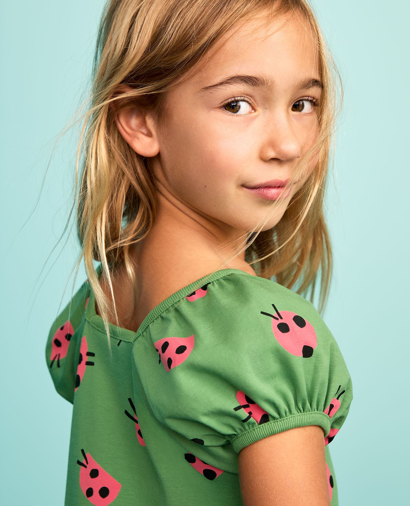 Puff Sleeve Dress with Pockets in Lucky Ladybugs - main