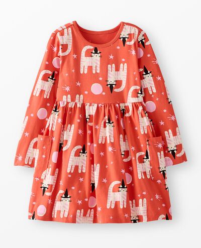 Halloween Long Sleeve Playground Dress with Pockets in Witchy Cat on Orange - main