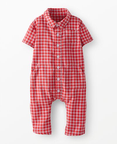 Baby Linen Coveralls in Red Ember gingham - main