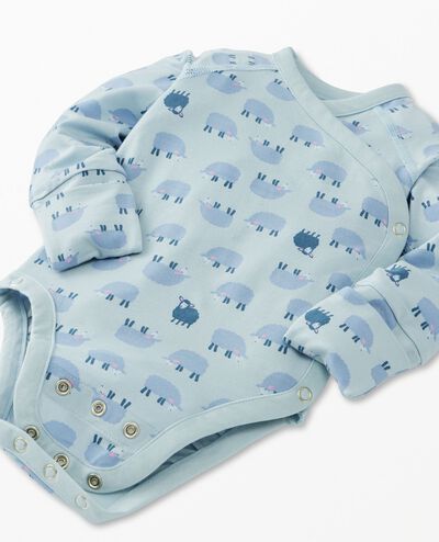 Baby Layette  Wrap Top & Wiggle Pants in HannaSoft™ in Mini Lamb on Celestial Blue - main